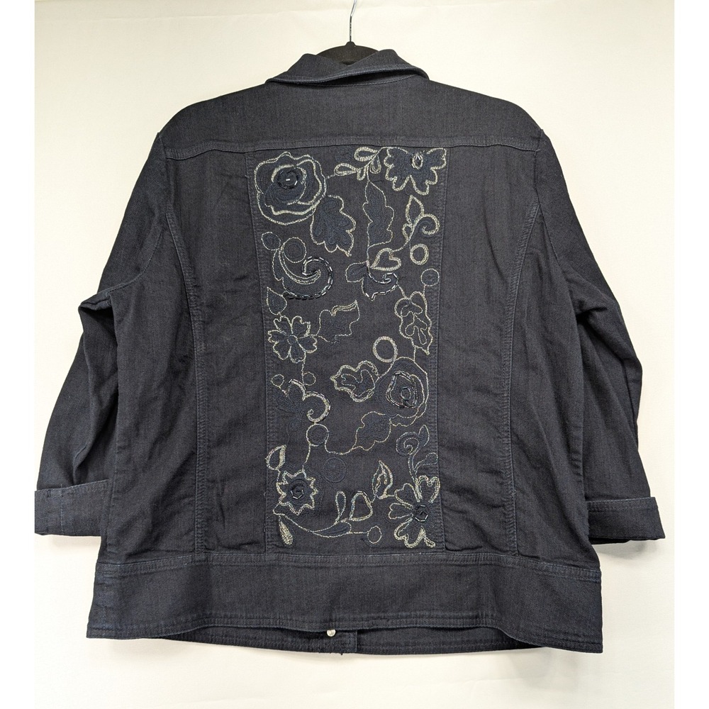 Chicos Platinum Indigo Blue Embroidered Floral Denim Jacket Size 2‎ Large Mens - Picture 2 of 10